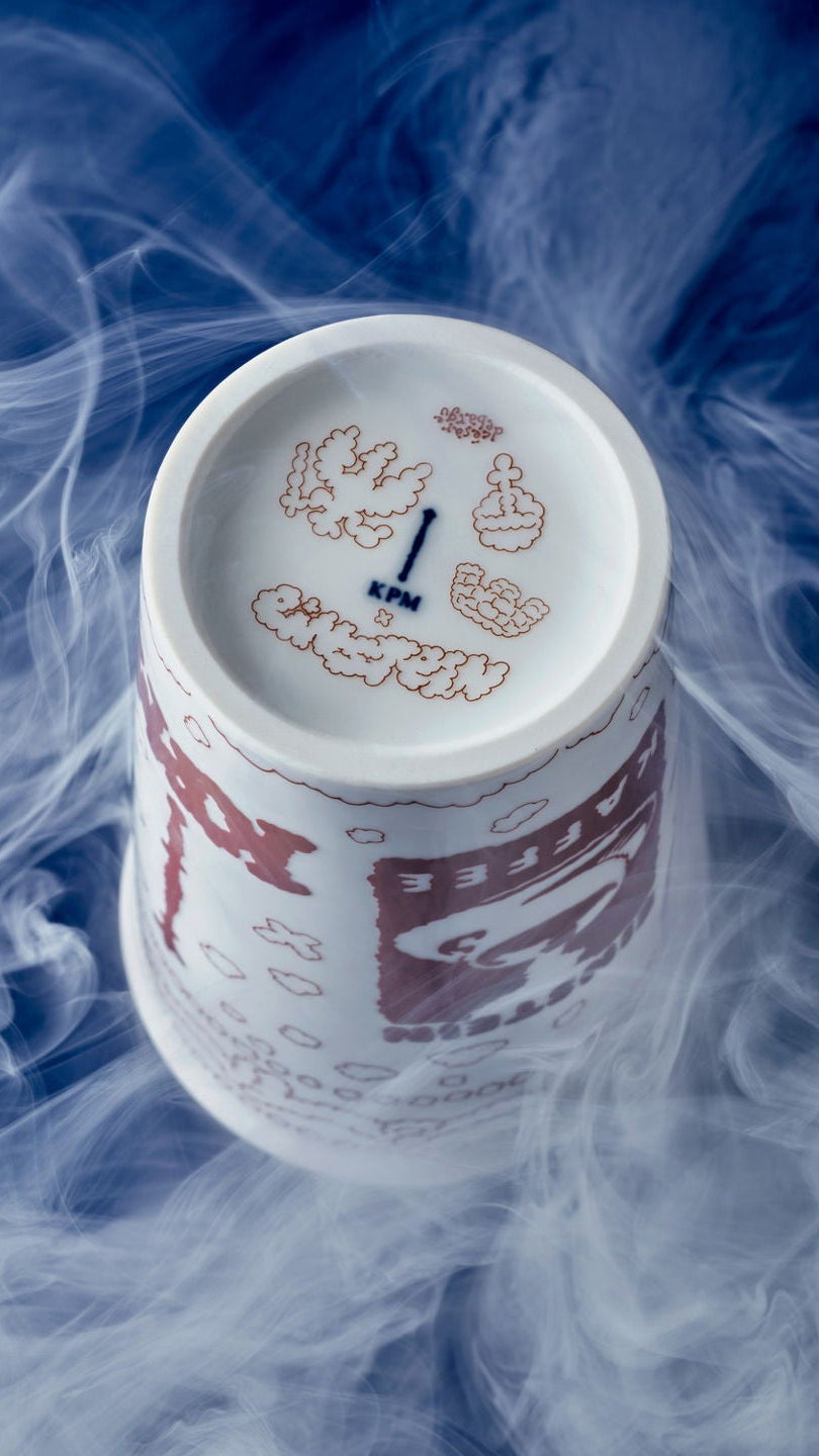 A container surrounded by smoke on a blue background.