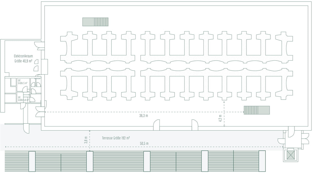Architectural floor plan with seating arrangement and labeled areas.
