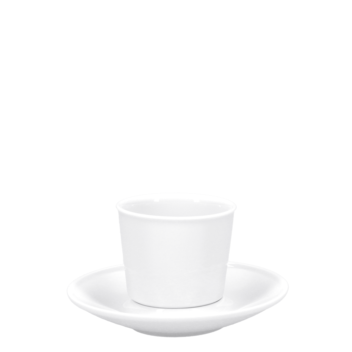 Eine weiße Tasse auf einer weißen Untertasse.